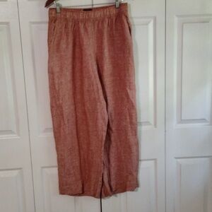 Tahari 100 Linen Red wash wide leg pants size large Hi Rise elastic waist pocket